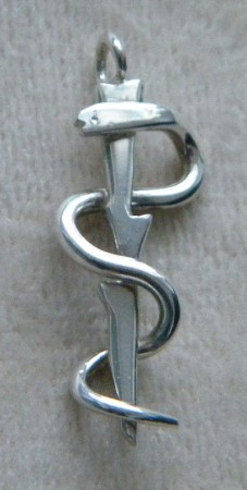 Halsbandshänge, "Eskulapstav". Storlek 35x15 mm. 450:-